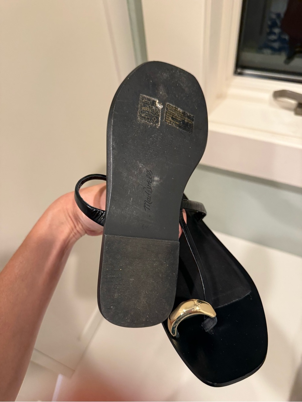 Madewell Dessa Black Leather T-Strap Sandals with Gold Toe Accent - Picture 4 of 4